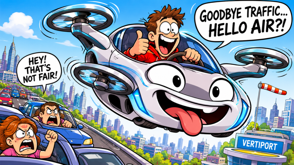 Funny cartoon of a flying car escaping traffic above a congested city