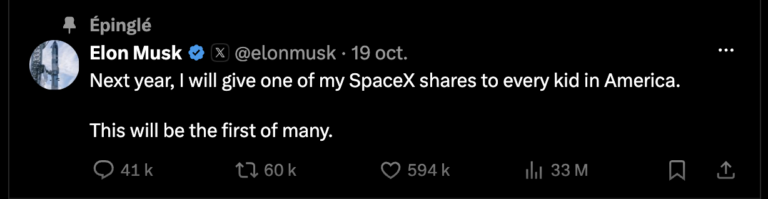 Screenshot of Elon Musk's post about giving SpaceX shares to American children