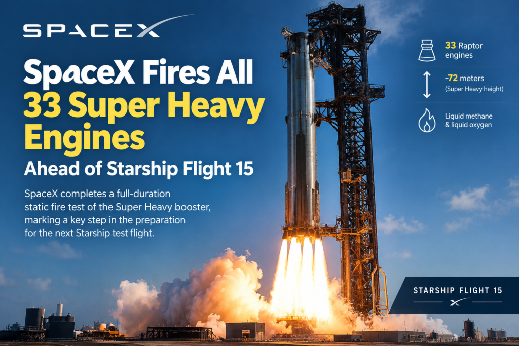 SpaceX Super Heavy booster fires all 33 Raptor engines ahead of Starship Flight 15