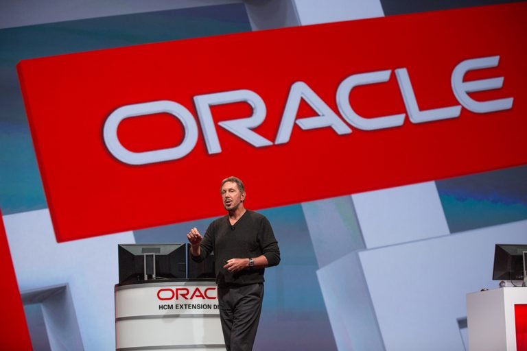 Oracle co-founder Larry Ellison on stage at Oracle OpenWorld