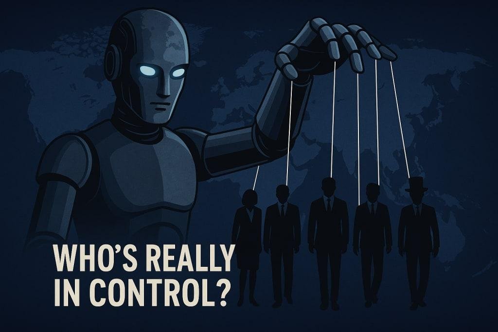 Humorous cartoon showing a giant artificial intelligence robot towering over humans using smartphones