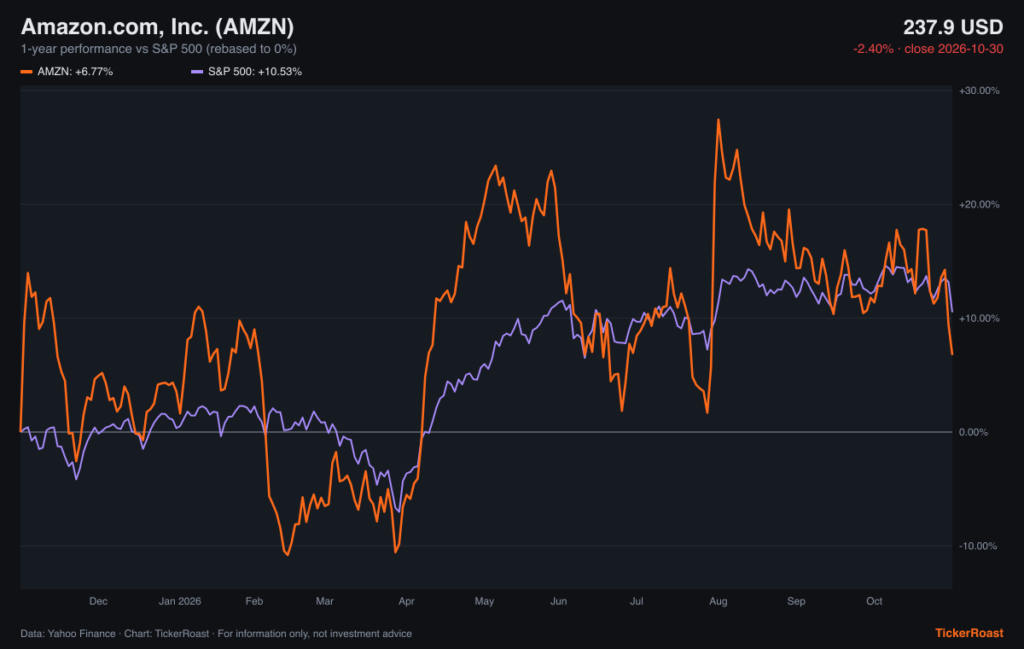 Amazon.com, Inc. (AMZN) 1-year performance vs S&P 500, as of 2026-10-30