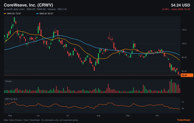CoreWeave, Inc. (CRWV) 6-month price chart with SMA 20/50, volume and RSI, as of 2026-10-23
