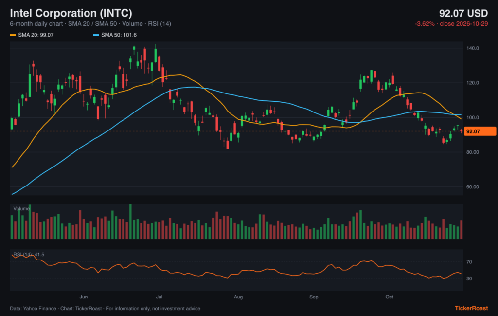 Intel Corporation (INTC) 6-month price chart with SMA 20/50, volume and RSI, as of 2026-10-29