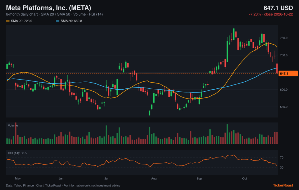 Meta Platforms, Inc. (META) 6-month price chart with SMA 20/50, volume and RSI, as of 2026-10-22